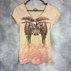 Y2K Mudd Graphic Tee Medium Aztec Beige Winged Skull Sunset Geometric Scoop Neck